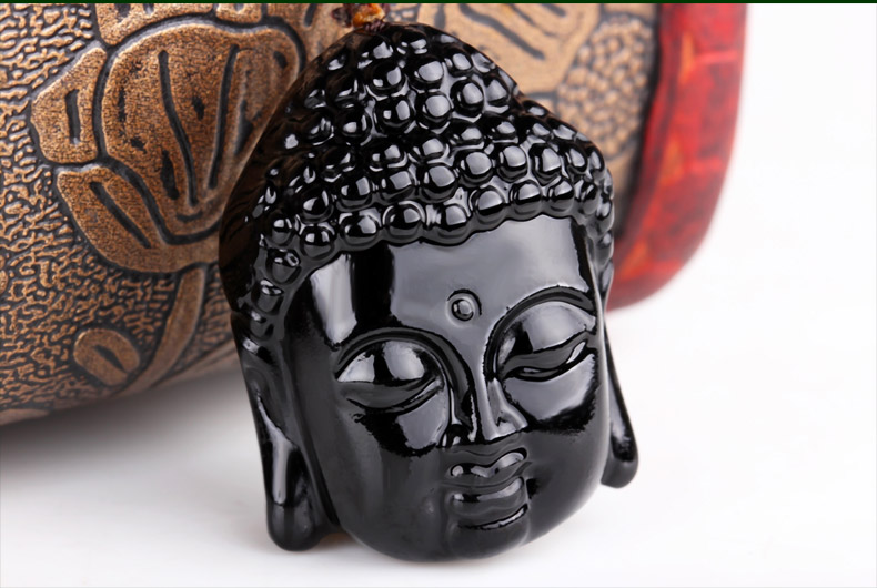 天然黑曜石弥勒笑佛头吊坠挂件开光玉佛玉坠佛公玉项链男女款