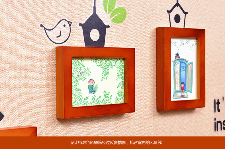 
                                                            全悦实木照片墙 创意绿色小鸟墙贴 相框组合 简约相片墙5QYQT-3 白樱+绿色小鸟墙贴                