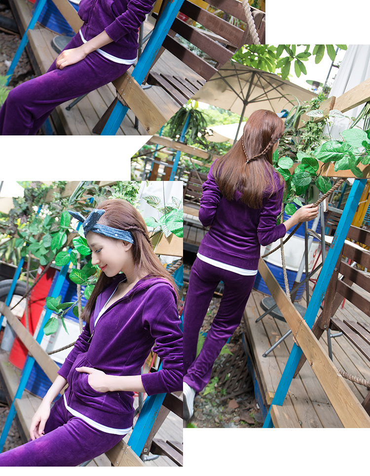 衣思凡 休闲套装女款晨练服显瘦两件套运动套装金丝绒天鹅绒女装6801 玫红 M(修身款建议买大一码 )