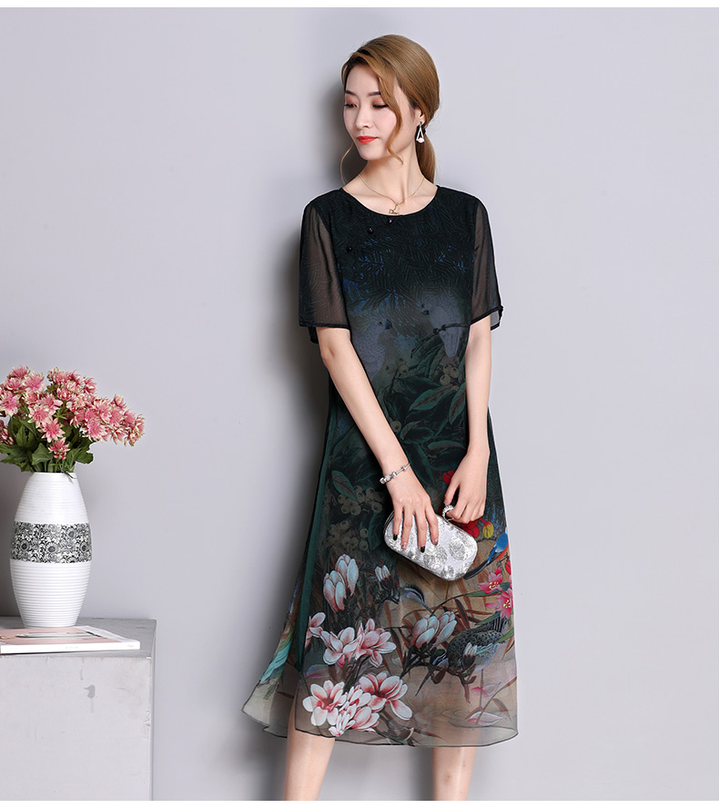 清仓特价真丝连衣裙2018夏重磅桑蚕丝中年大码显瘦妈妈装过膝裙子 深