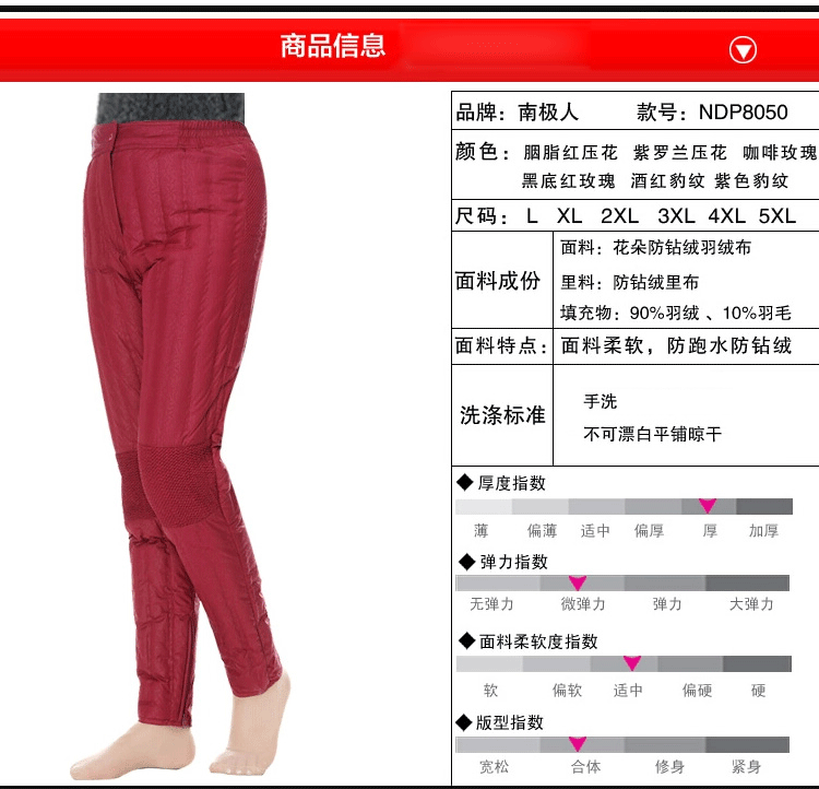 南极人秋冬中老年修身羽绒保暖裤女款 中高腰加绒加厚羽绒内胆裤子 蕾丝红牡丹  蜂窝护膝 XXXL