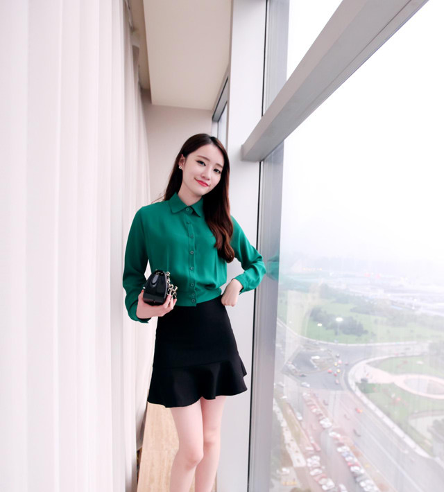 淘衣街2015秋季女装新款韩版百搭短款纯色收腰长袖衬衫衬衣女 雪纺衫P9832 红色 L