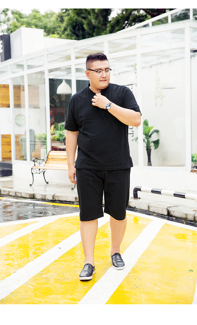 维诺格帝加肥加大棉麻套装男士短袖男t恤2018新款大码