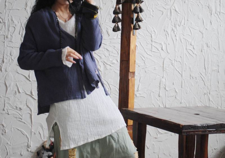 浮若晨花新款衬衫长袖棉麻女装简约文艺范肌理衬衣女24229 灰蓝色 均码