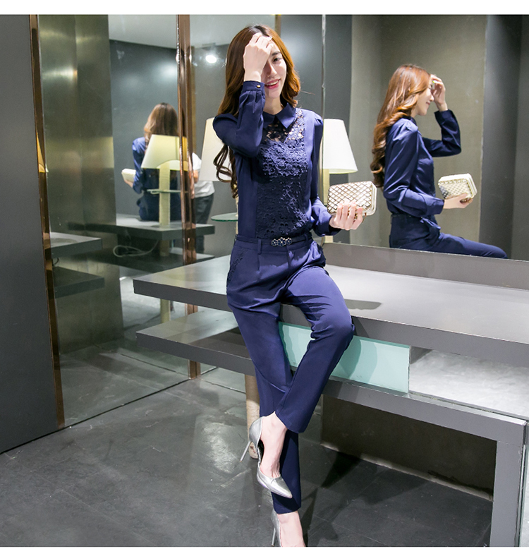 娆婷 2015秋新款韩版女装时尚套装职业修身上衣长裤两件套套装R9874 蓝色   XL