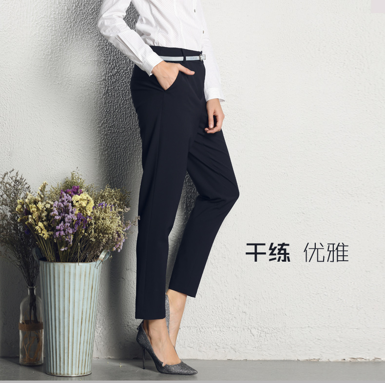 舜天SAINTY2016春装新款低腰修身显瘦小脚裤 女 简约中性斜门襟OL通勤正 藏青色 S/160