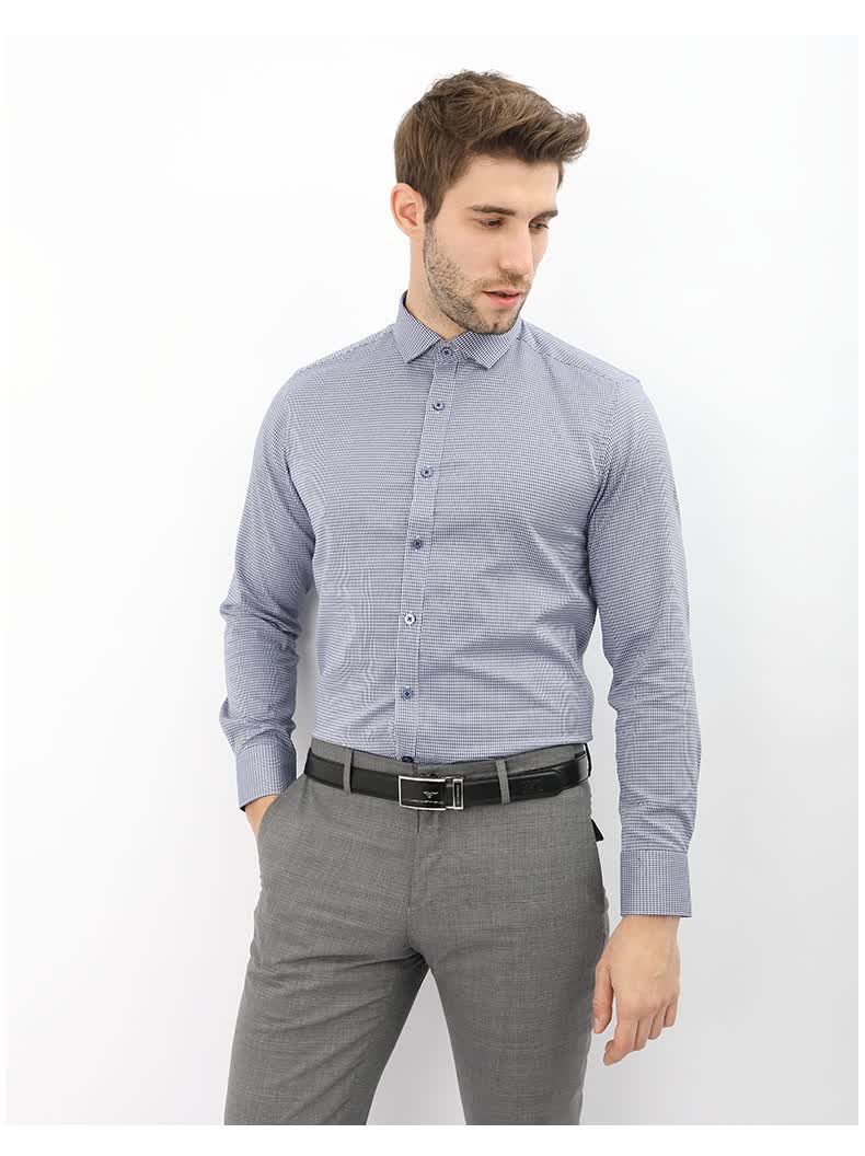 judger庄吉商务衬衫男 领导上班格子衬衣 纯棉男士长袖衬衫 黑蓝格子