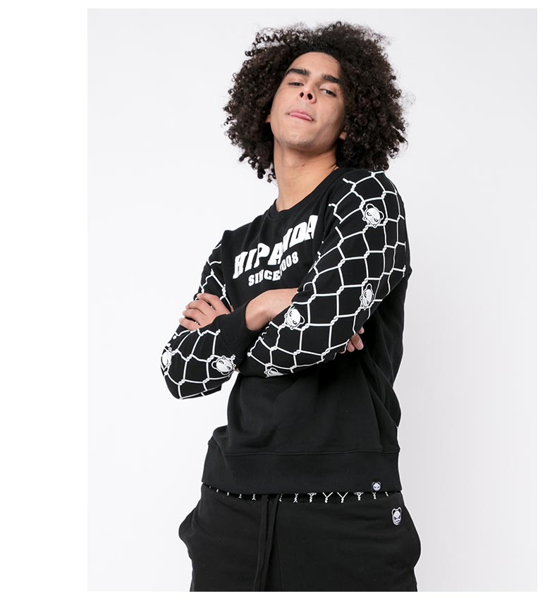 【旗舰店】hipanda 你好熊猫 设计潮牌 男款 铁丝网拼接套头卫衣 黑色