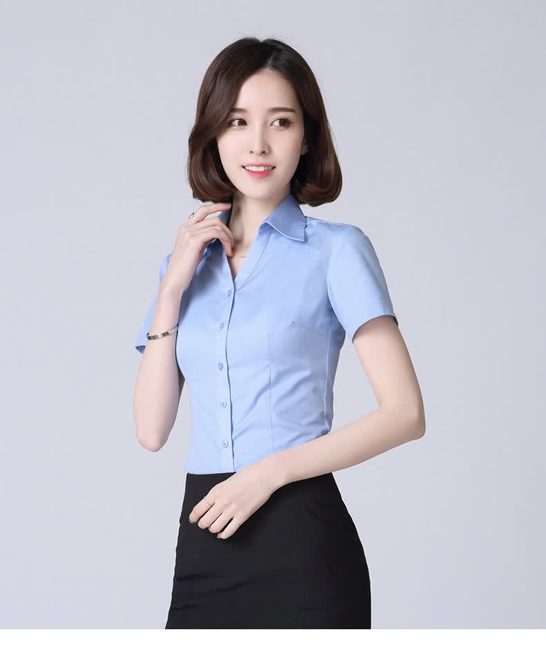恒源祥夏季新款短袖衬衫商务休闲正装纯色翻领收腰修身衬衣女c963 1号