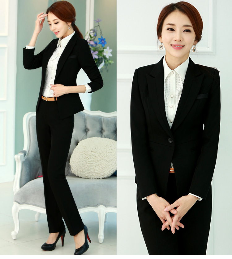 2015职业装女套装长袖通勤OL修身套服工作服 黑外套+衬衫+裤子 XL