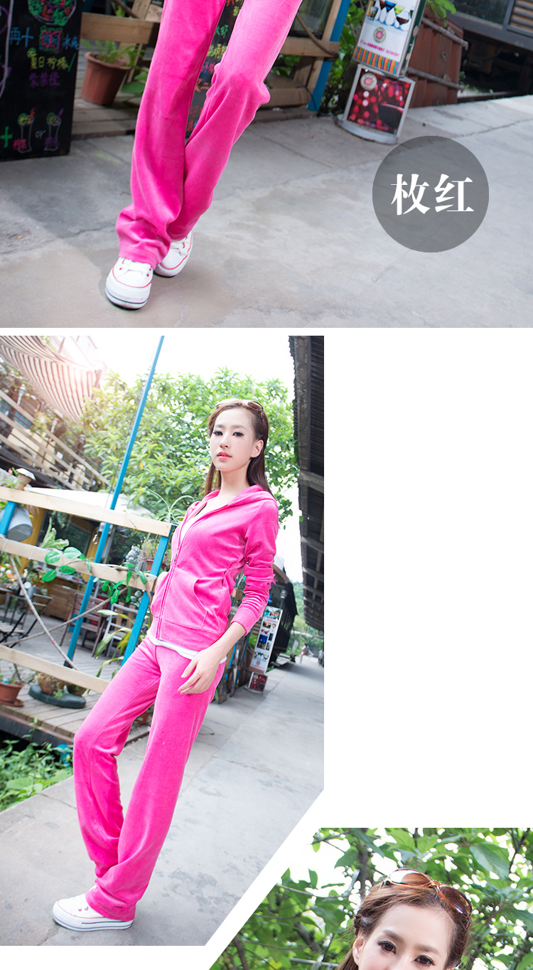 衣思凡 休闲套装女款晨练服显瘦两件套运动套装金丝绒天鹅绒女装6801 玫红 M(修身款建议买大一码 )