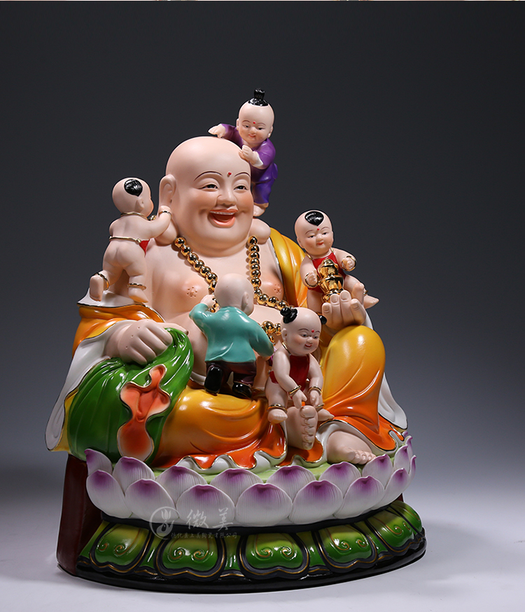 微美德化陶瓷14至18吋坐莲五子弥勒佛像五子登科大肚笑佛招财供奉摆件