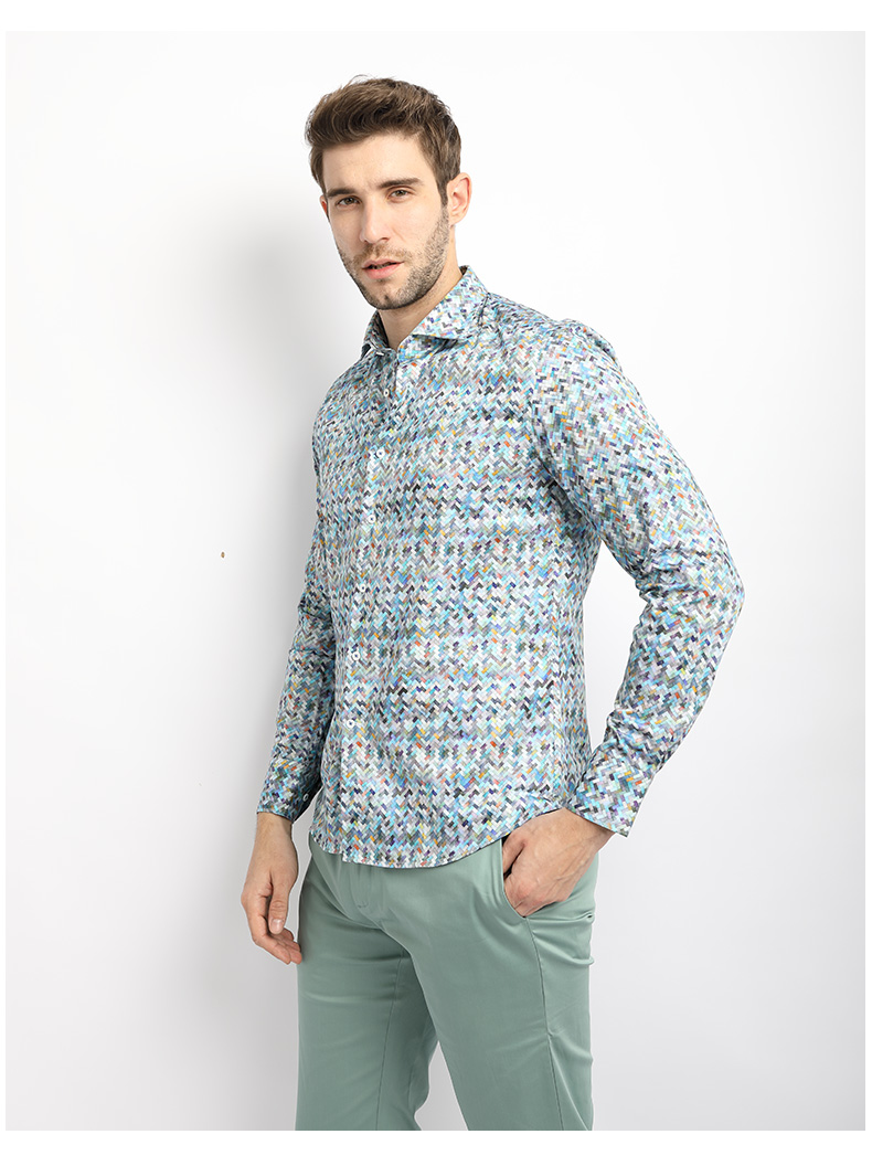 judger庄吉彩色长袖衬衫男休闲马赛克衬衣春季潮男纯棉长袖格子衬衫