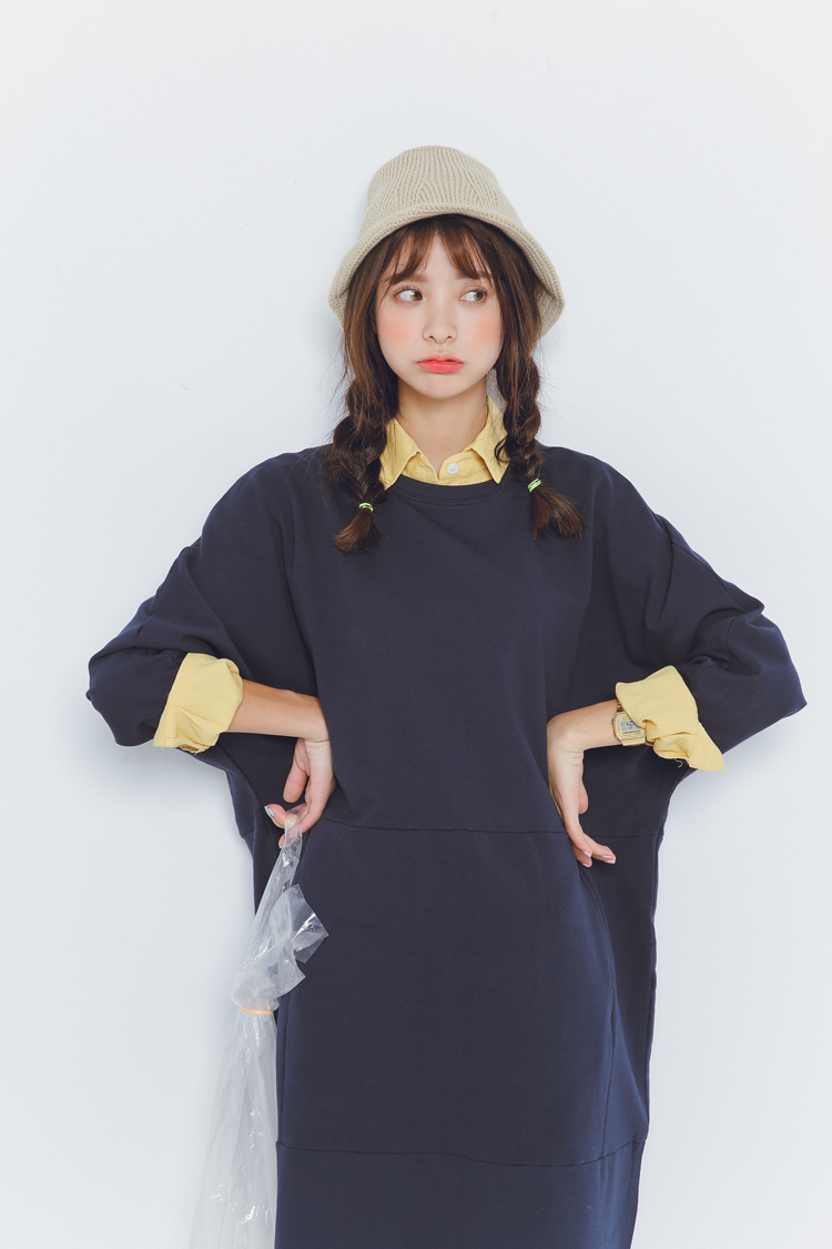 韩芙丽 中长款外套卫衣套装女秋韩版宽松加绒加厚套头卫衣打底衫T恤厚外套长袖连衣裙大码胖MM 黑色 建议80-120斤