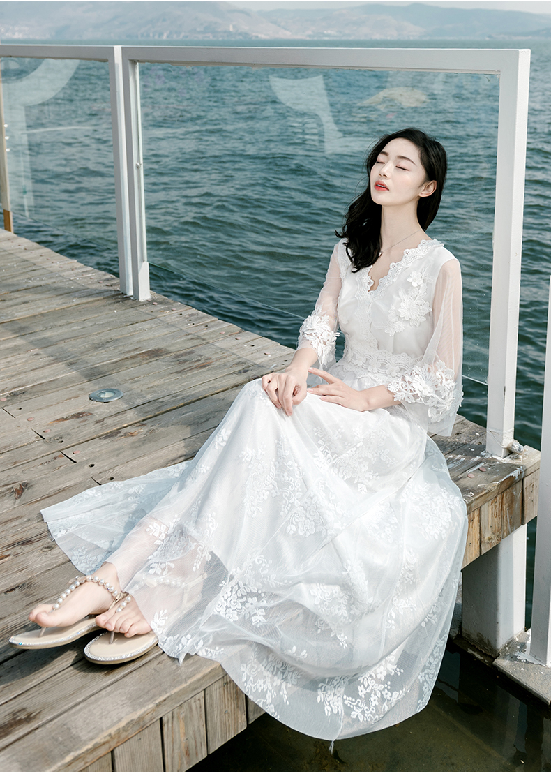 西子美丽心情夏季新款女装白色蕾丝网纱连衣裙长裙波西米亚沙滩裙初恋
