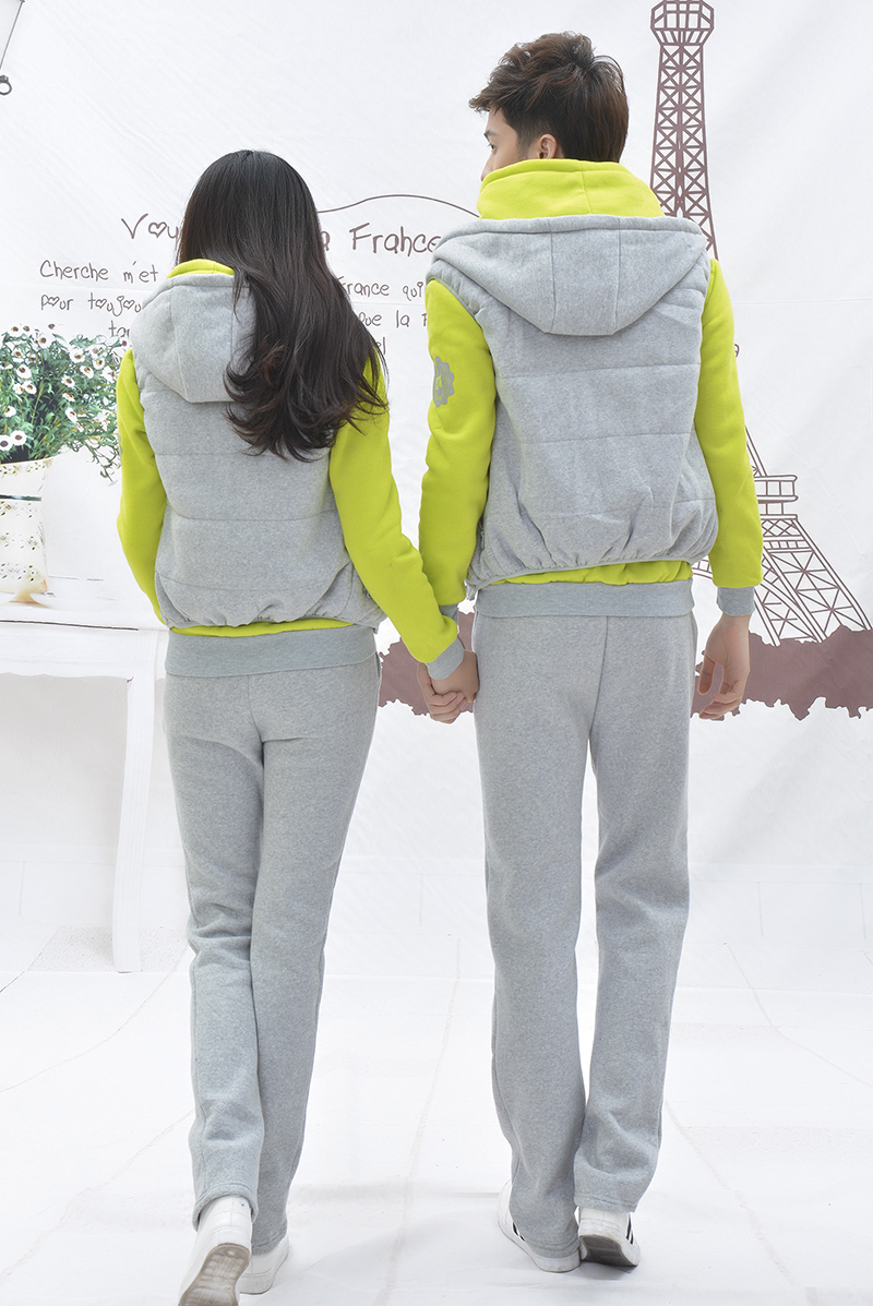 莱茵丽娅2015秋冬装新款加厚休闲棒球服抓绒卫衣情侣装套装R8123 灰绿拼色 M