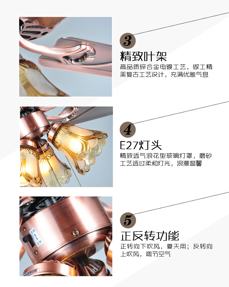 创康精品 欧式进口三灯四铁叶吊扇灯48寸复古风扇灯照明餐厅客厅多用款 SD108 古铜+茶色浪珠灯 遥控