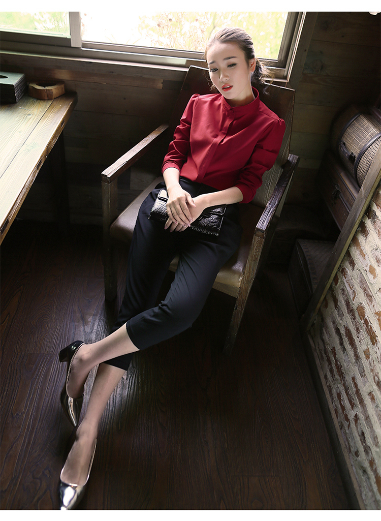 骆汐2015秋季女装新款长袖衬衫女白色职业装上衣大码时尚翻领雪纺衫RX014A103 红色 XL
