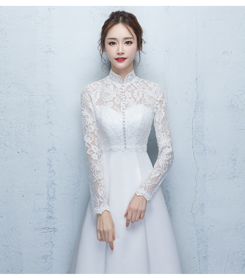 月缦 婚纱礼服时尚立领长袖修身显瘦齐地简约蕾丝显瘦 白色 m_ 8折