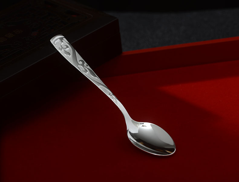 泰光银楼 银筷子999足银勺子繁花似锦银餐具实用调羹 勺子重约70克