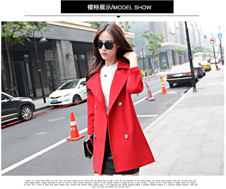 蒙黎2015秋装新品 女装新款简约长袖羊毛呢子外套 中长款 呢大衣 女 藏青色 L