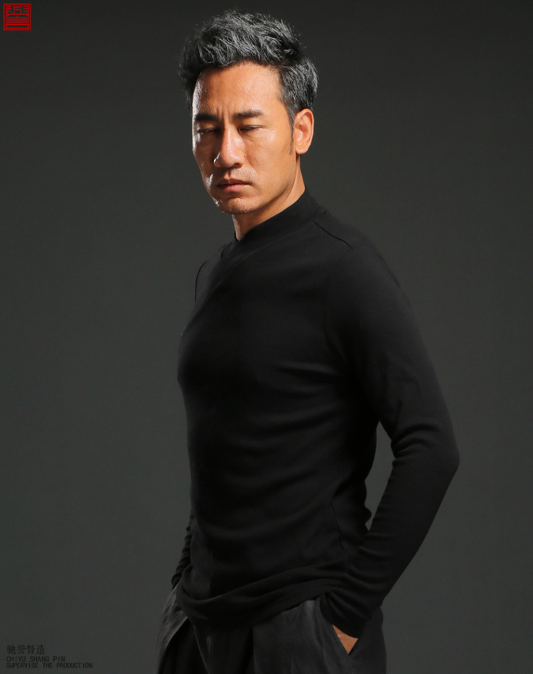 驰誉中国风男士全棉长袖t恤秋 中式修身长袖男士体恤v领秋季打底衫 黑