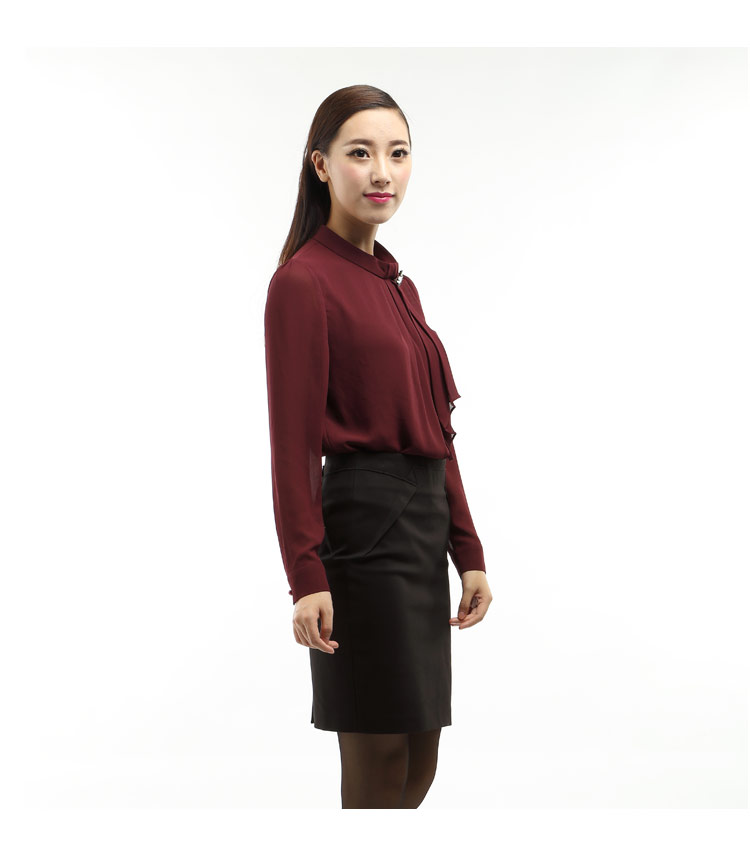 高氏杰品牌女装2015冬季新款雪纺衫长袖系带枣红修身衬衫 深红色 XL