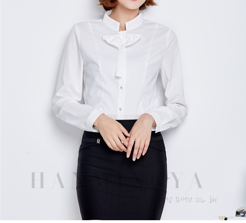 韩茗雅 2015新款秋衬衫女长袖立领OL风格修身职业装正装工作服 白色 L
