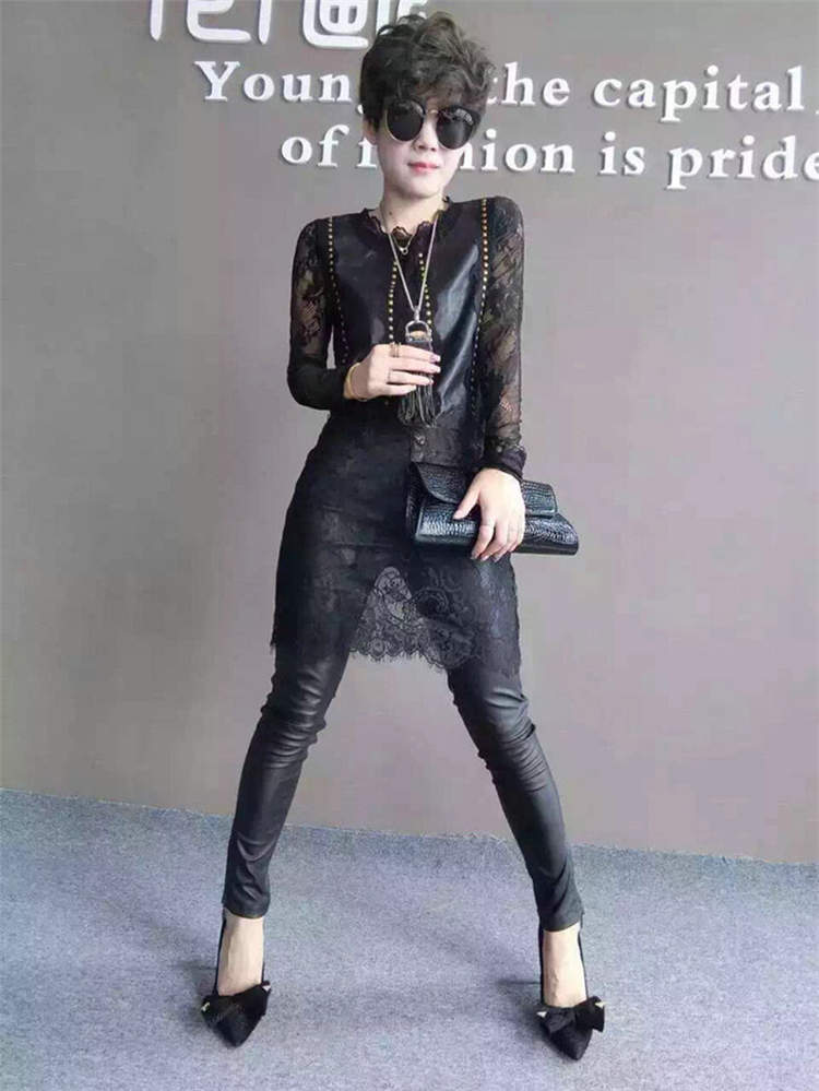 品牌专柜产品2015新款秋季韩版个性时尚性感皮质拼接长款女士上衣长袖蕾丝衫 黑色 M