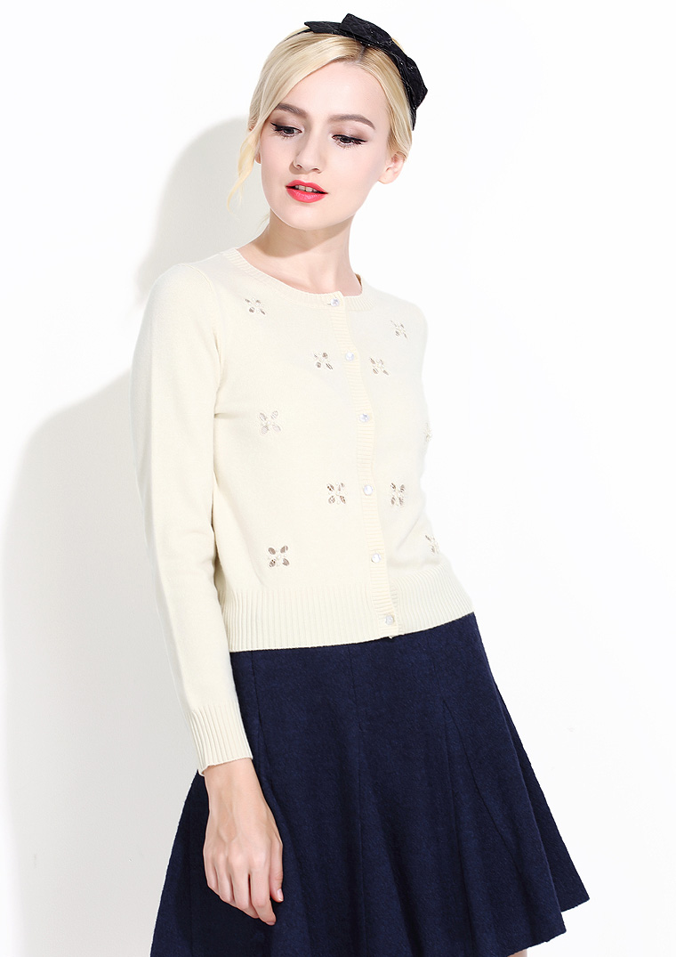 yigue亦谷2015冬新品通勤淑女百搭圆领短款针织开衫长袖毛衣450202