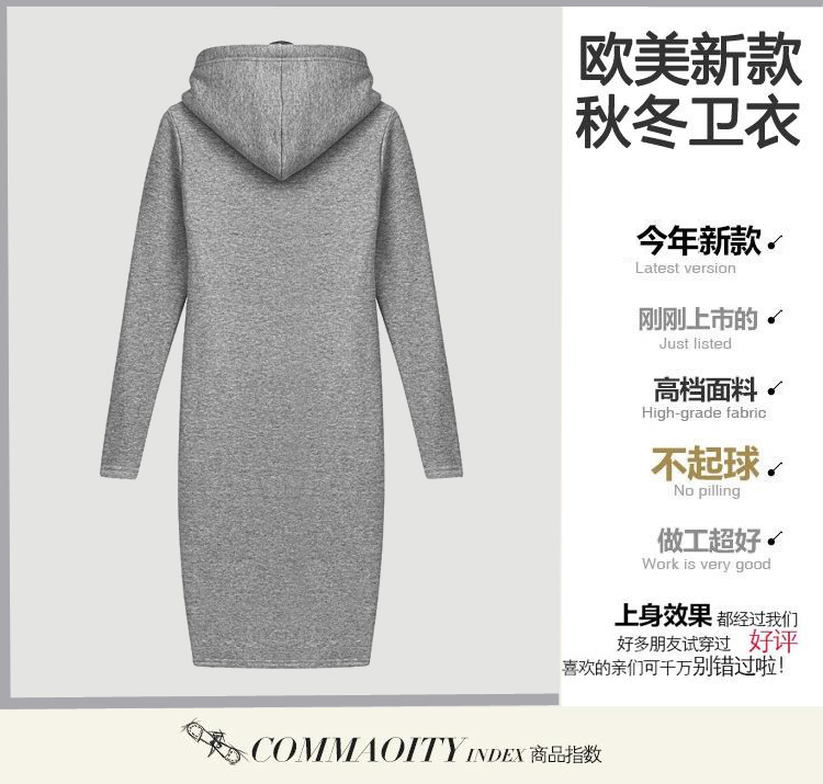 2016新款韩版女装卫衣 秋冬装加绒加厚保暖中长款女士修身显瘦卫衣外套 灰色 L