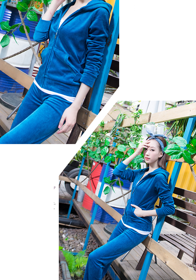 衣思凡 休闲套装女款晨练服显瘦两件套运动套装金丝绒天鹅绒女装6801 玫红 M(修身款建议买大一码 )