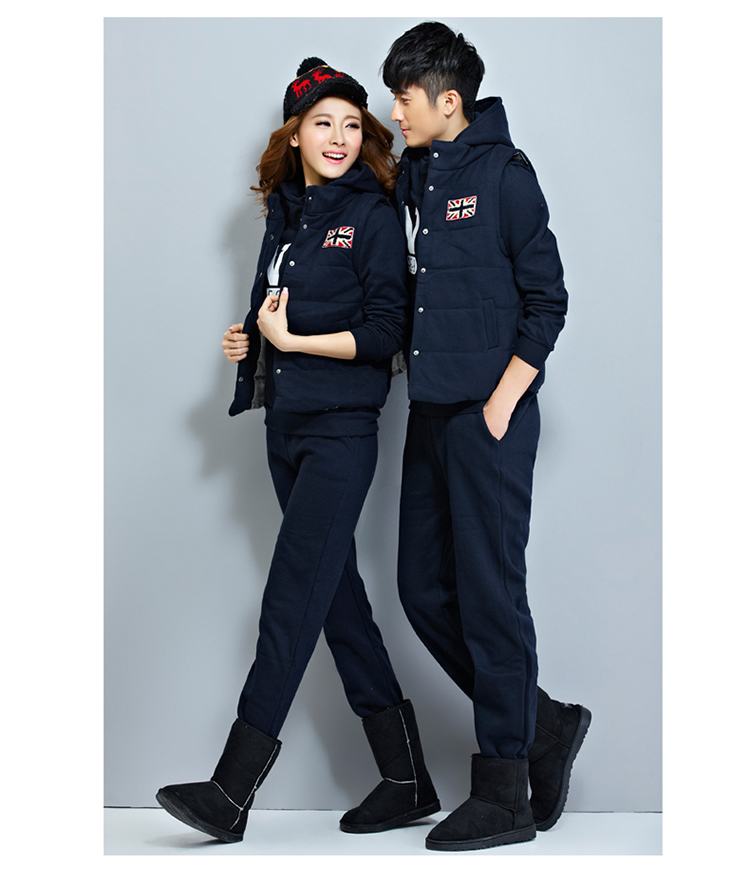 摩菲朵 2015新款韩版男女卫衣三件套加绒情侣装运动套装 WY6025 深蓝色 女  M