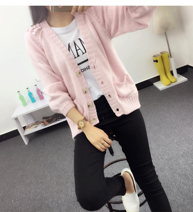 pansplor  2015小清新森女系文艺毛衣外套女短款开衫甜美球球学生软萌可爱针织衫 粉色 均码