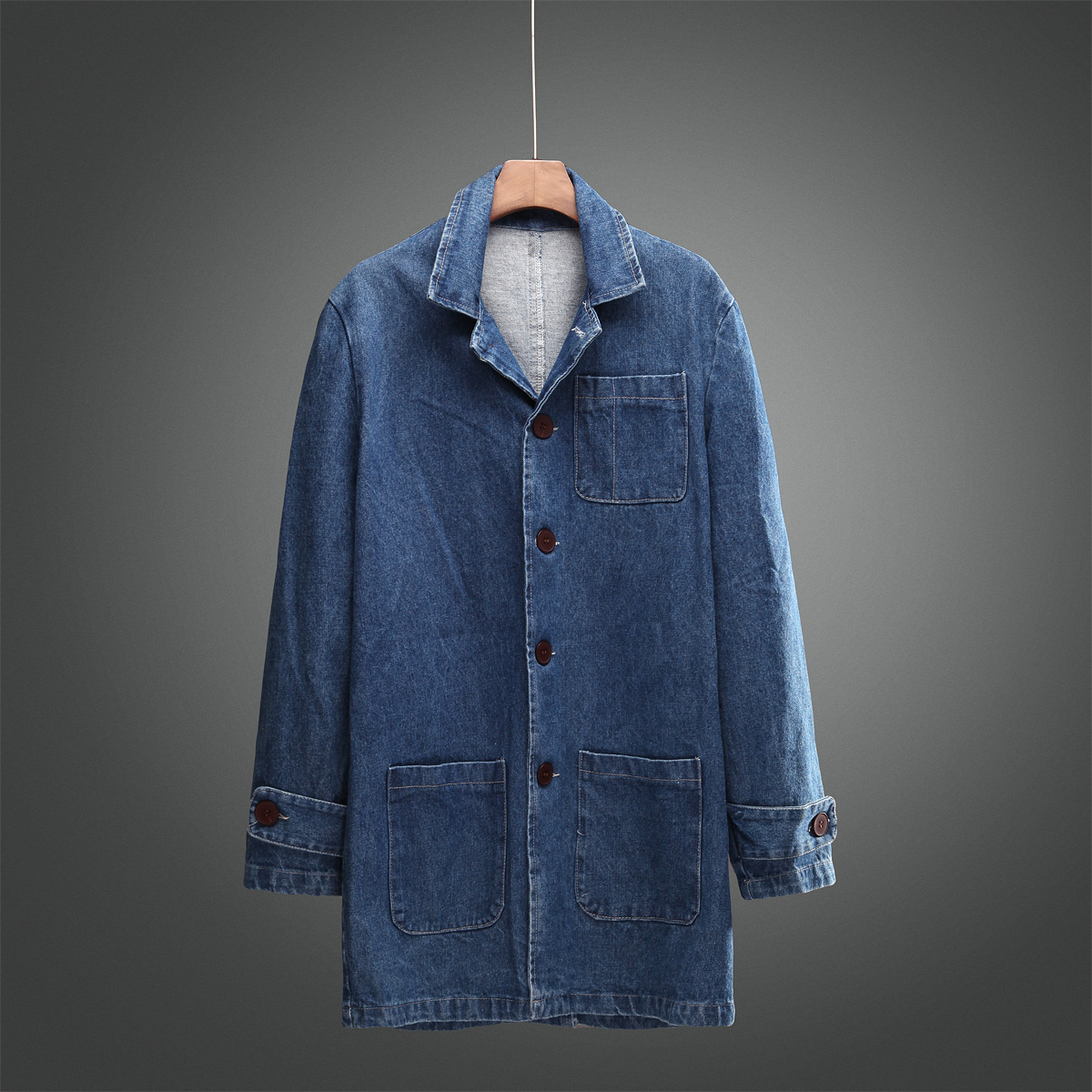 m2monline2015秋冬新款 中长款牛仔风衣 韩版花美男宽松牛仔风衣潮男