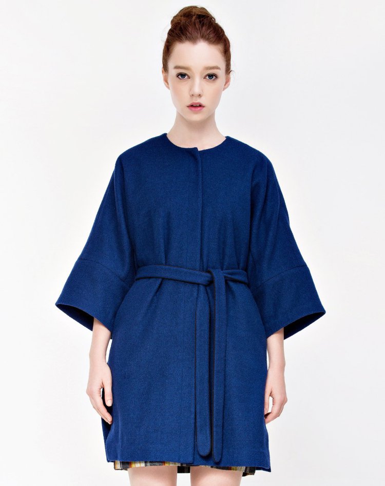 urbanrevivo宝石蓝宽松羊毛料绑带大衣宝石蓝l