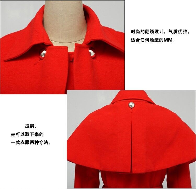 恋在七夕冬装冬季韩版 大码女装 时尚显瘦 斗篷外套 中长款 毛呢披肩双排扣大衣女 红色夹棉加厚款 S适合90-98斤左右人