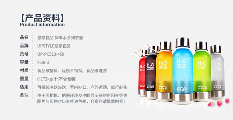 
                                        悠家良品 手提式带茶隔滤网磨砂水杯 创意带盖防漏塑料杯子 运动水壶水瓶450ml 蓝色                