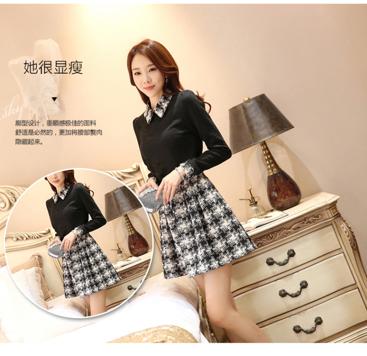 斯帕琳2015秋冬新款时尚修身千鸟格套装长袖连衣裙 半身裙 女SN33302458 黑色 M