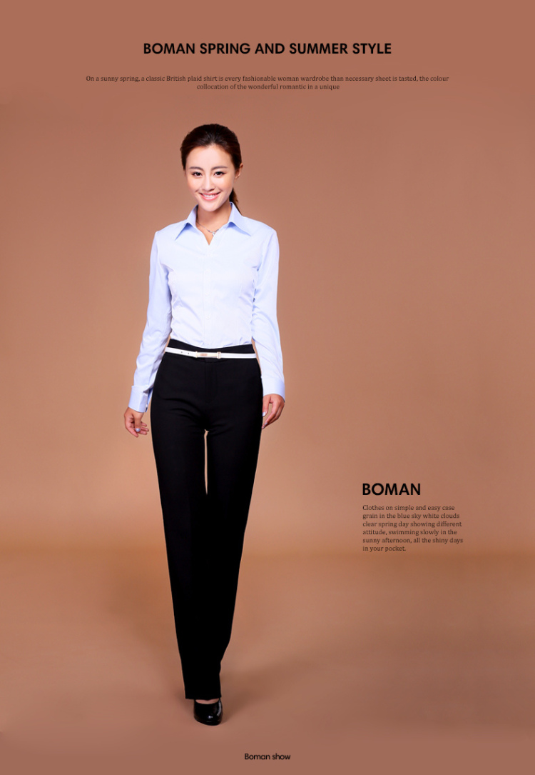 伯曼 2015新款春秋装女士白领长袖衬衫韩版职业工作服衬衣大码工装 蓝色斜纹V领 37