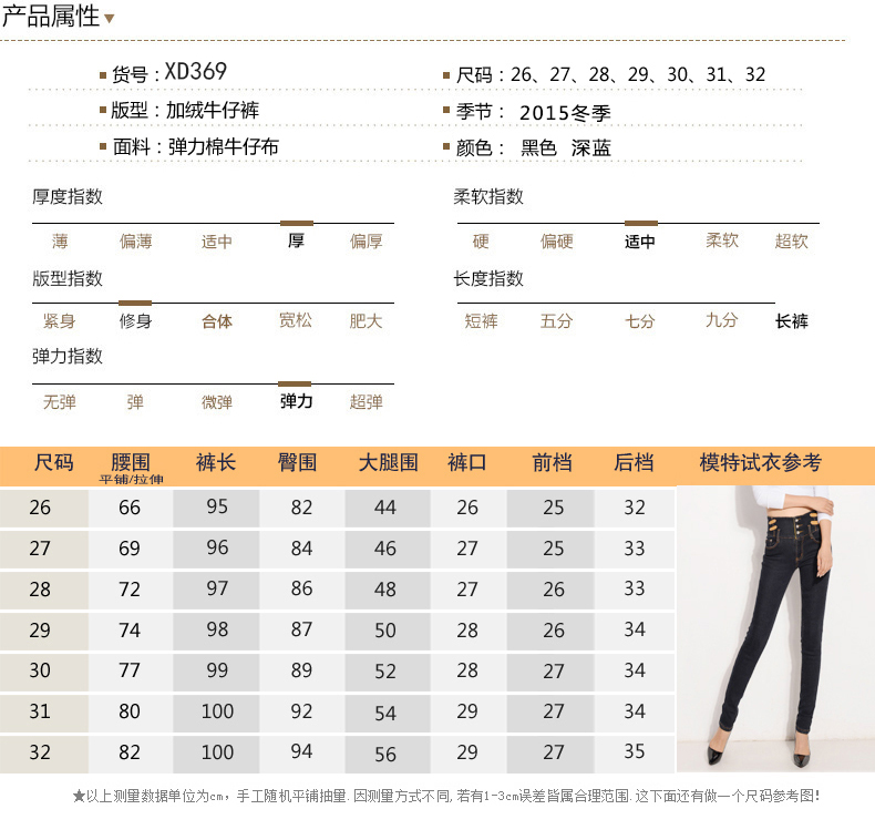
                                        艾致倩 2017秋冬新款韩版修身加绒牛仔裤女小脚高腰加厚长裤 蓝色 27                