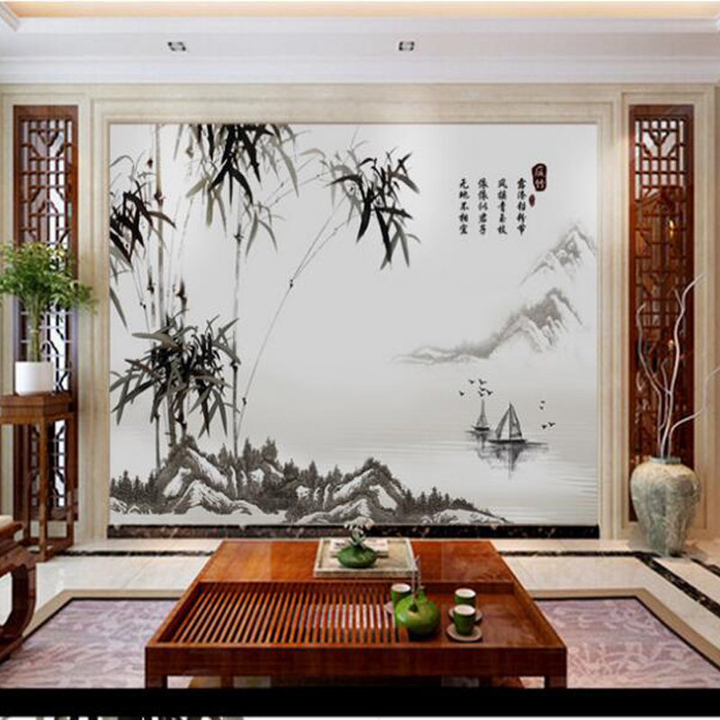 电视背景墙壁纸现代中式写意水墨山水庭竹壁画客厅卧室书房墙纸布