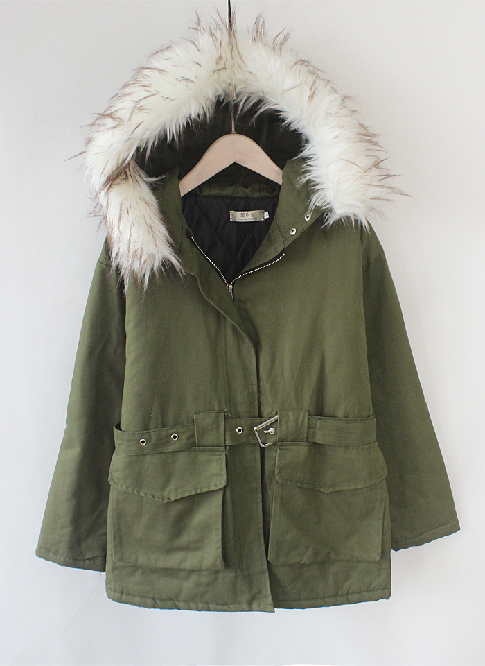 芮婕服装店*2015冬季甜美宽松毛领收腰修身棉衣 军绿色 均码