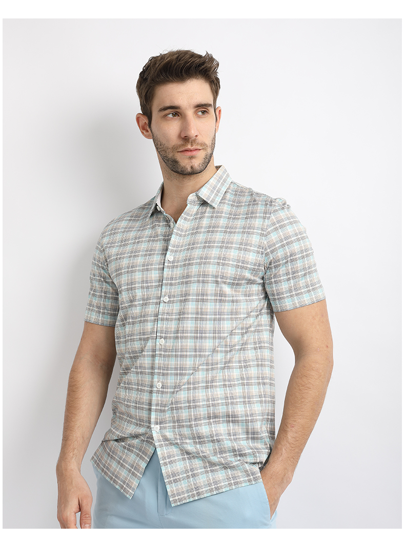 judger庄吉桑蚕丝衬衫男夏季新品衬衫男士休闲薄款短袖针织衬衫格子红