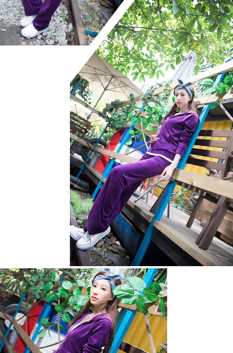 衣思凡 休闲套装女款晨练服显瘦两件套运动套装金丝绒天鹅绒女装6801 玫红 M(修身款建议买大一码 )