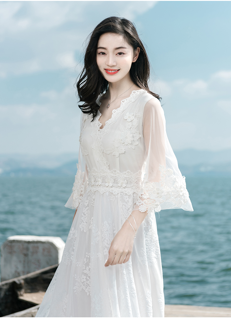 西子美丽心情夏季新款女装白色蕾丝网纱连衣裙长裙波西米亚沙滩裙初恋