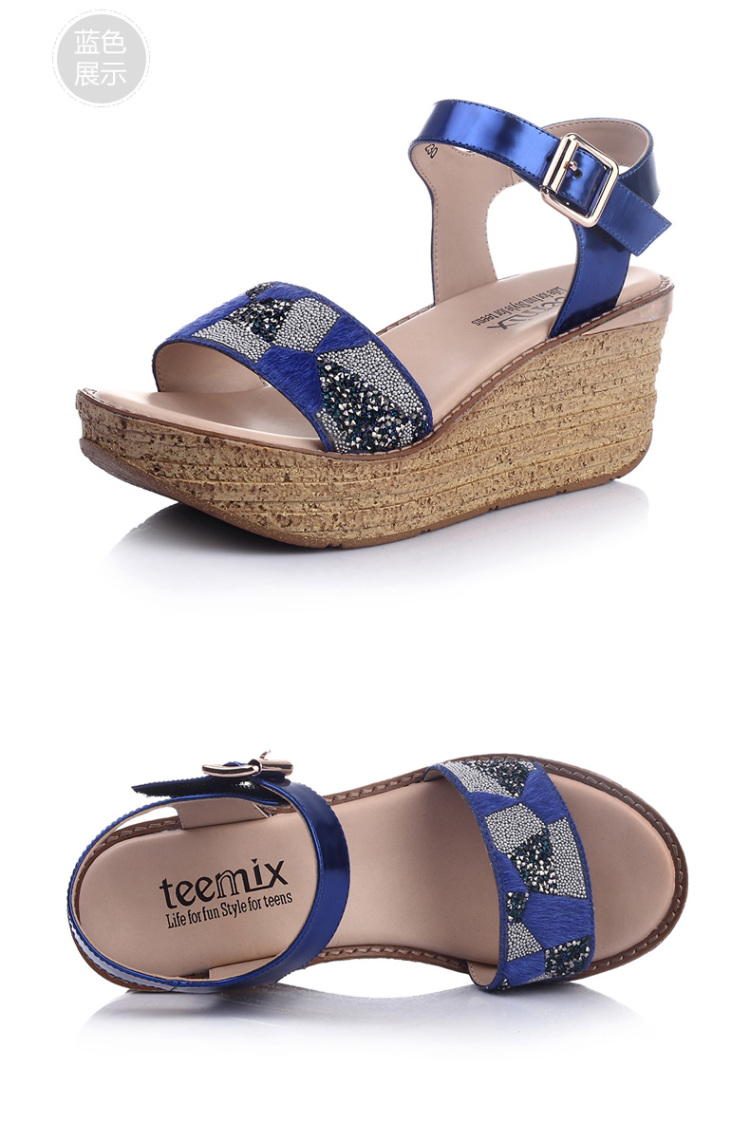 teenmix/天美意2015年夏季灰色山羊皮坡跟搭扣女凉鞋6yf01bl5 蓝色 35