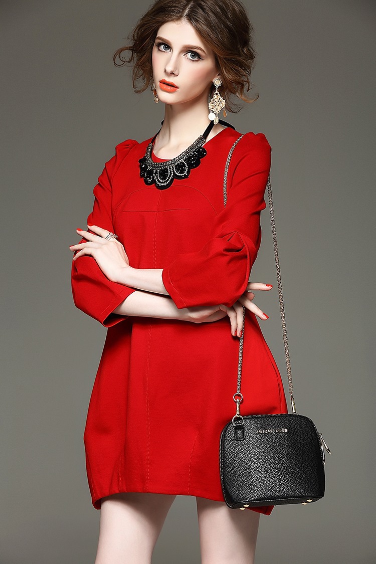 欧洲站2015秋装连衣裙 时尚显瘦宽松连衣裙灯笼裙大码女装 红色 4xl