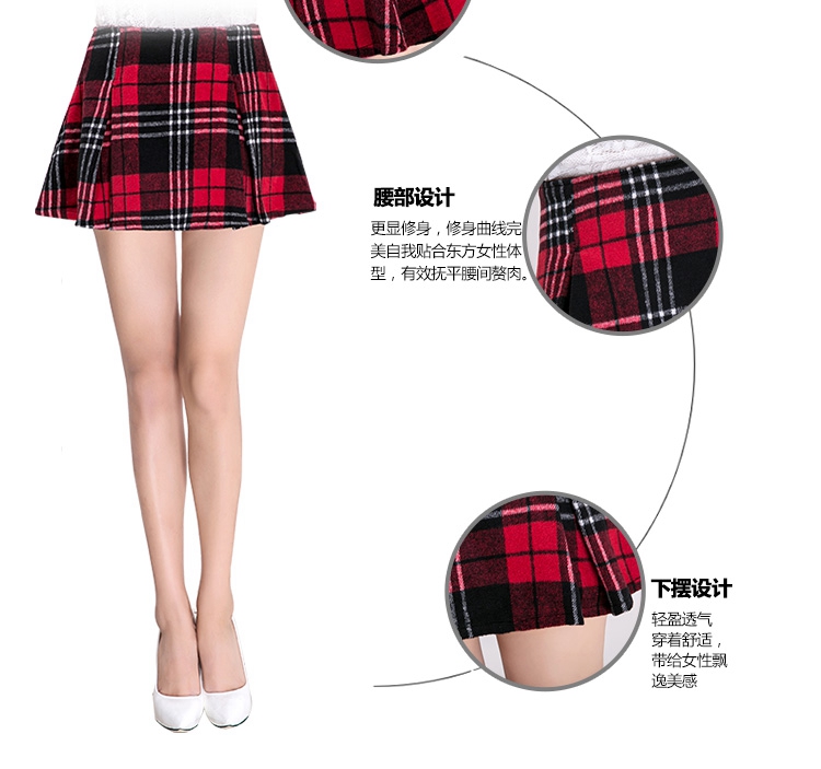 百灵天娇毛呢半身裙 秋冬女 2015新款时尚韩版百褶裙保暖修身印花条纹毛呢短裙603 绿色格子 L