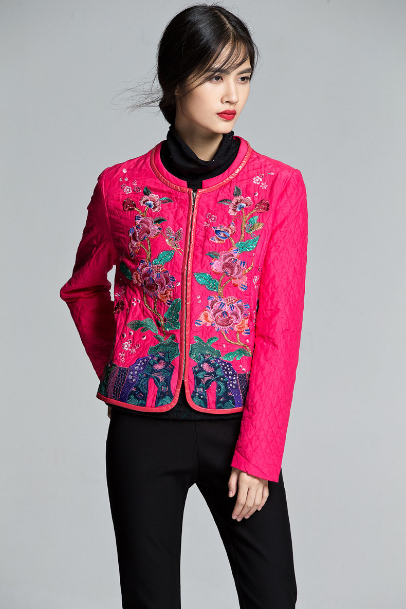 渔牌秋冬季棉衣女短款长袖修身显瘦薄款棉服民族风女装反季外套丝带蓝